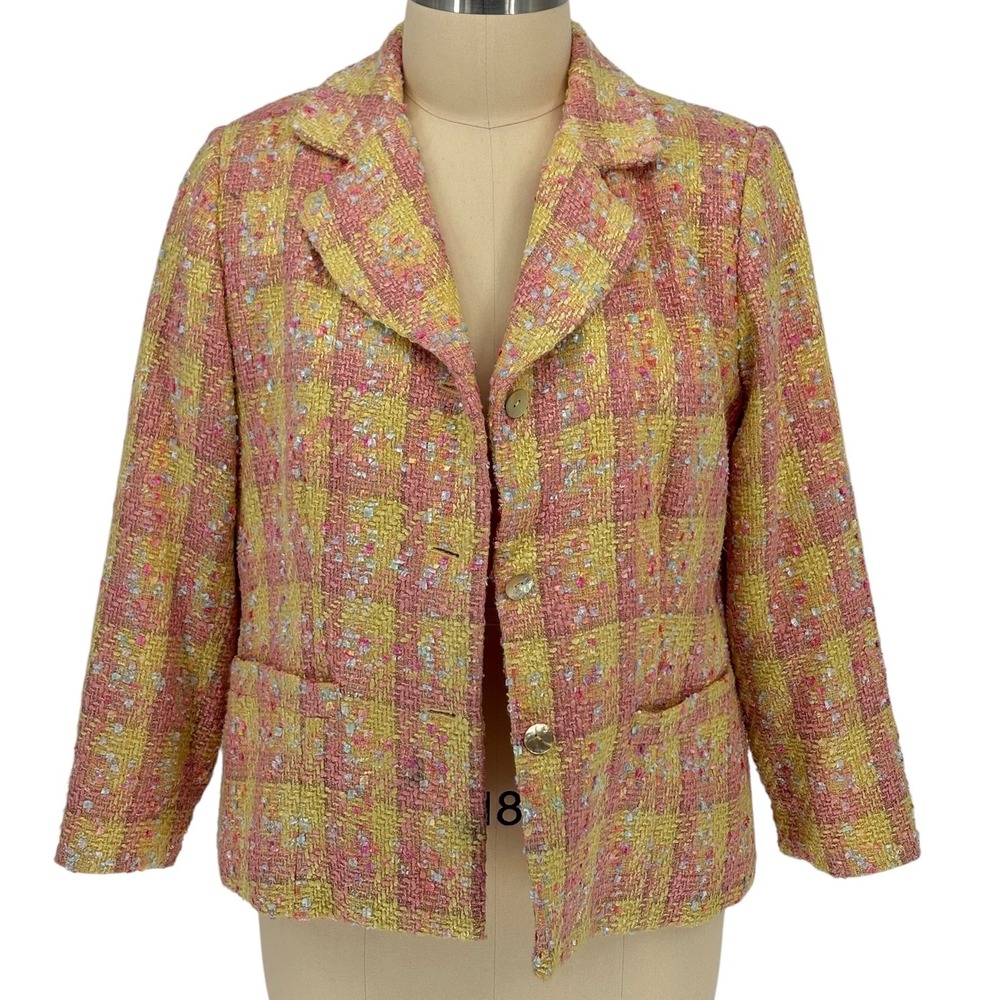 Linea by Louis Dell'Olio Tweed Blazer Yellow Pink Plaid Metallic Jacket‎ 1X